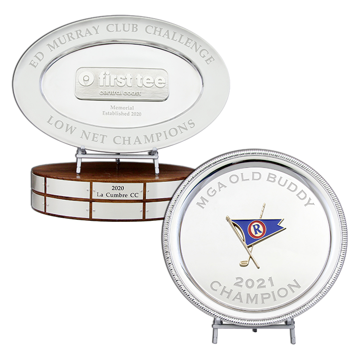Trophy Trays by Malcolm DeMille- First Tee Central Coast Perpetual and Ocean Reef Gadroon Tray with bronze and epoxy